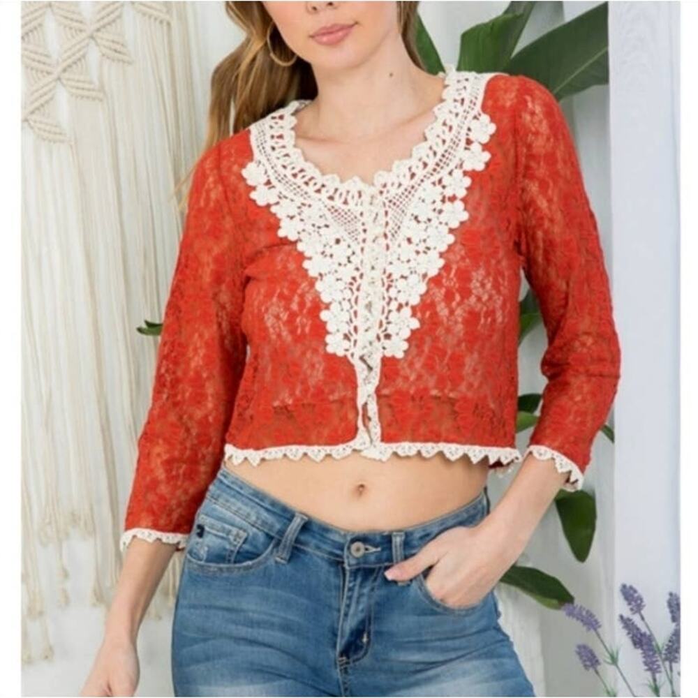 A'reve handmade crochet trim lace button up crop top orange cream medium